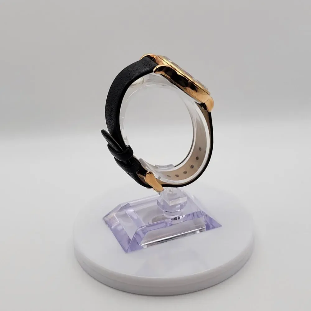 Fossil Womens Gold Tone Black Dial Crystal Markers Quartz Watch Leather Strap
